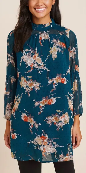 Japna Floral Boho Semi Sheer Mock Neck Bell Sleeve Peasant Dress Size Medium thumbnail 1