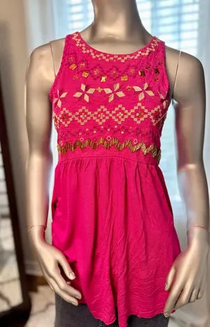Free People Embroidered Beaded Tunic Top Pink Boho Sleeveless Size Small thumbnail 1