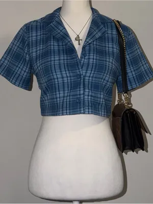 2000s vintage style brandy melville blue vivian plaid cropped button up thumbnail 1