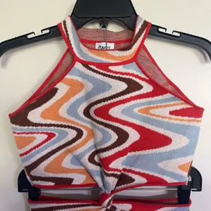 Princess Polly Retro Wavy‎ Knit Halter Cutout Mini Dress XS/S Red Blue Multi thumbnail 4