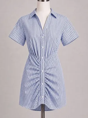 KBB Kahlana Barfield Brown Target Blue White Stripe Ruched Shirt Dress Small NEW thumbnail 1