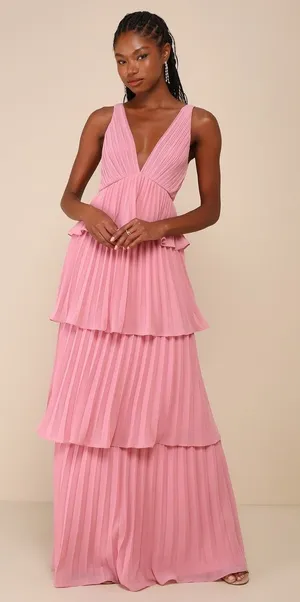NWT Lulus Mesmerizing Essence Pink Pleated Backless Tiered Maxi Dress Gala Sz S thumbnail 1