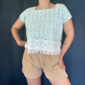 Vintage 70s Seafoam Green & White Fringe Towel Top thumbnail 1