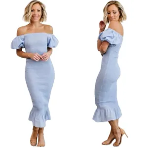 Baltic Born Alana Smocked Midi Dress Blue Off The Shoulder Puff‎ Sz S thumbnail 2
