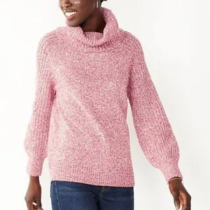 NINE WEST Cowlneck Sweater Mauve Pink White Marled Heather Cowl Neck Puff Sleeve thumbnail 1