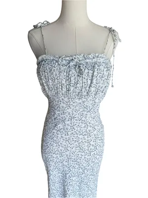 Cleobella - Floral Smocked Midi Dress White Blue Self-Tie Strap Sz M thumbnail 3