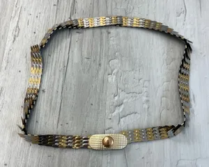Vintage 80s Gold Silver Tone Metal Hong Kong Disco Fish Scale Belt 34" thumbnail 1