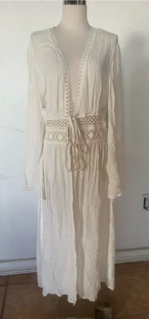 Lightweight beige Crochet-Tie Swim Coverup Maxi thumbnail 1