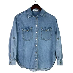 Zara Denim Snap Button Down Collard Western Style Long Sleeve Denim Shirt S Blue thumbnail 12