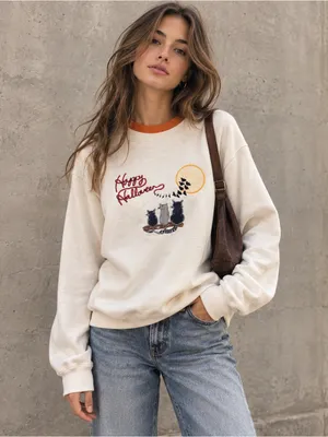 Vintage 90s Happy Halloween Grandma Sweatshirt Cats Cottagecore Large thumbnail 1