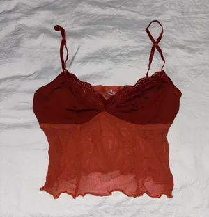 Red lace trim mesh crop top thumbnail 1
