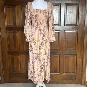 House of Harlow 1960 Linen Blend Smocked Midi Dress XS Peach Floral Palm Bishop‎ thumbnail 2