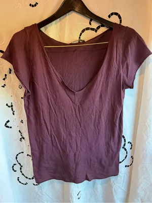 Brandy Melville Burgundy Deep V Neck Tee One Size Cotton Y2K Soft Basic Top Wear thumbnail 1
