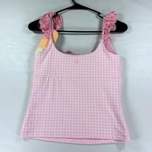 Blogilates Pink Gingham Ruffle Lace Up Tank Top Floral Trim Small NWT Balletcore thumbnail 4