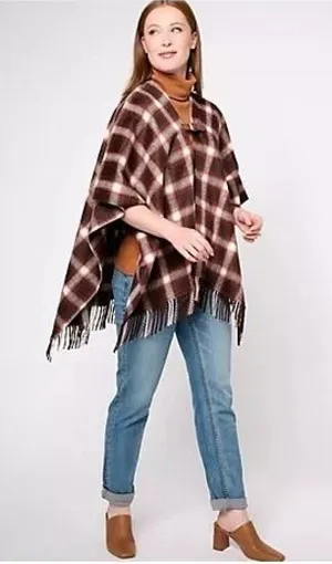 Denim & Co Heritage Plaid Cape Womens M Brown‎ White Fringe Buckle Closure thumbnail 1
