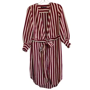 Zara Woman Burgundy Cream Striped Longline Wrap‎ Tunic Top XS thumbnail 5