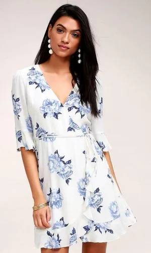 Lulus Pretty Peony Blue and White Floral Print Wrap Dress thumbnail 1