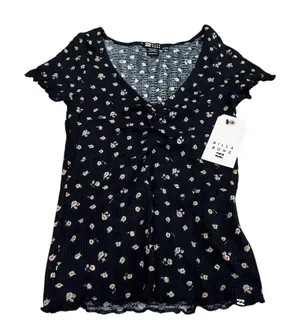 NWT Billabong Women's XS Floral V-Neck Short Sleeve Waffle Knit Top Multicolor thumbnail 1