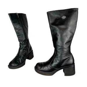 Vtg Y2K Harley Davidson Black Leather Tall Pavement Boots Sz 7.5 Chunky Moto thumbnail 3