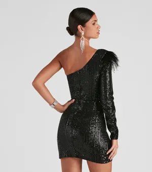Windsor Dress Black Sequin Mini One-Shoulder thumbnail 2