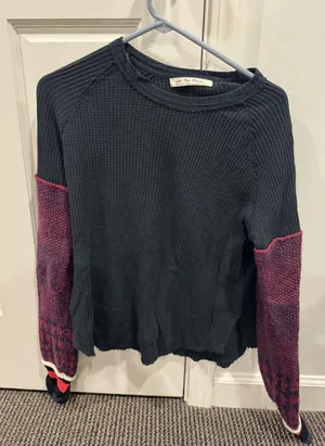 We The Free Black Waffle Pullover with Burgundy Colorblock Sleeves thumbnail 1
