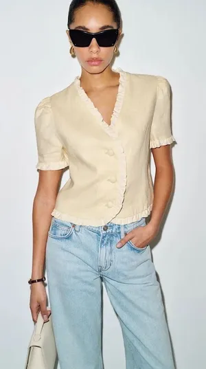 Reformation Linen Ruffle Trim Top Yellow Puff Sleeve Button Front Blouse thumbnail 1