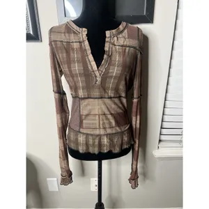 Free People Brown Plaid Mesh V Neck Long Sleeve Medium Tee Lettuce Edge‎ thumbnail 10