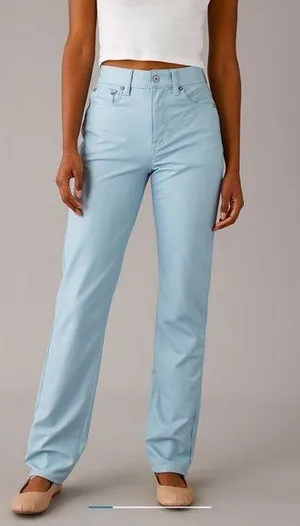 NWT AE Vegan Leather Straight Leg Pants Super High Waisted Light Blue Size 8 Reg thumbnail 1