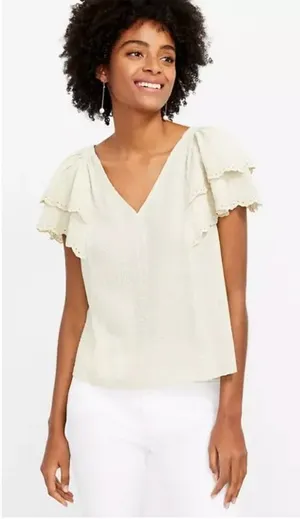 Loft Women's Sz Large 100% Cotton V-Neck Ruffle Sleeve Eyelet Trimmed‎ Blouse thumbnail 1