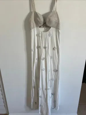 Cream and Tan Cutout Maxi Dress with Decorative Accents thumbnail 3