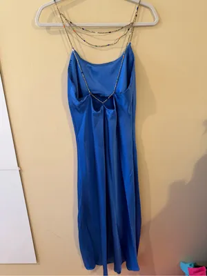 Satin Cobalt Blue Maxi Slip Dress with Chain Straps thumbnail 5