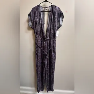 NEW Free People Universal Surplice Jumpsuit Purple Paisley Boho Cottage Whimsy L thumbnail 2