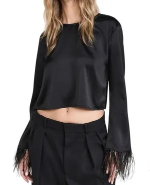 WAYF Black Satin Feather Trim Long Sleeve Crop Top Women's Size‎ S NWT Shopbop thumbnail 1