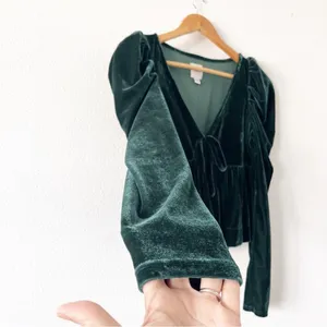 Anthropologie Maeve Pine Green Velvet Babydoll V-Neck Long Sleeve Top thumbnail 5