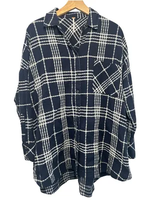 Free People Oversized Navy & White Flannel Plaid Button-Up Shirt thumbnail 1