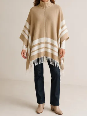 Marc New York Ivory Tan Oversized Gold Zip Up Fringe Hem Poncho thumbnail 11