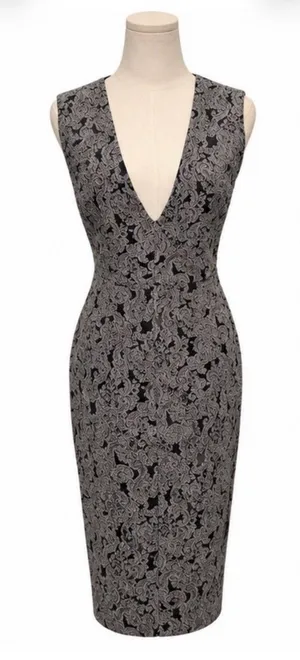 Alice + Olivia Gray Black Brocade Lace V-Neck Sheath Dress Medium thumbnail 1