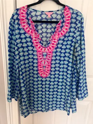 Lilly Pulitzer Blue Shell-Print Tunic with Pink Trim thumbnail 1