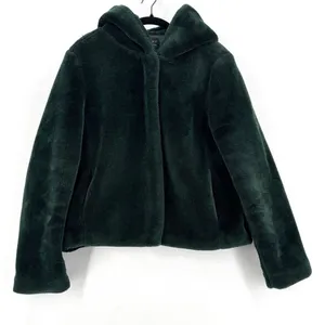 Forever 21 Faux Fur Hooded Jacket Women XL Dark Green Full Zip Lined Cozy Teddy thumbnail 1