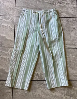 Lauren Ralph Lauren Green Striped Wide Leg Crop Pants 2P Drawstring Cotton thumbnail 1