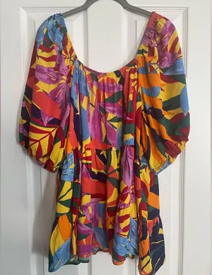 😇Terra & Sky Boho Multicolored Puff Sleeves Babydoll Top, Size 1X (16W-18W) thumbnail 2
