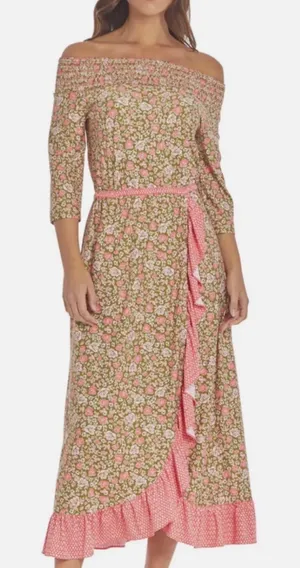 Cabana Life Floral Off Shoulder Maxi Dress Pink Ruffle Large boho‎ resort beach thumbnail 1