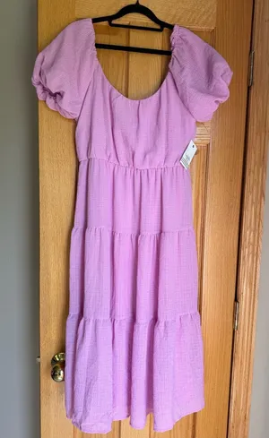 Ophelia Roe Pink Tiered Puff Sleeve Textured Midi Dress Women’s Size S NWT thumbnail 1