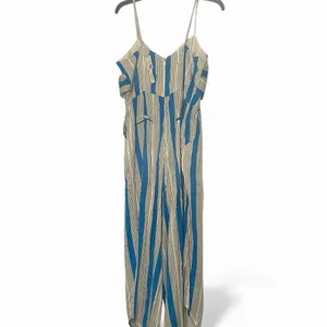 True Destiny Jumpsuit Women L Wide Leg Romper Twist Top White Turquoise Pockets thumbnail 2