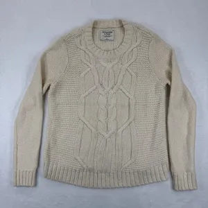 Abercrombie Fitch Cream Cable Fisherman Knit‎ Crew Neck Sweater Women Size L thumbnail 1