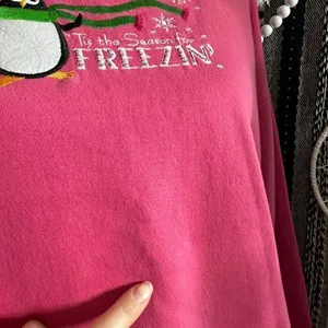 Vintage Christmas Winter Penguin Grannycore Double Crewneck Pink Sweatshirt thumbnail 5