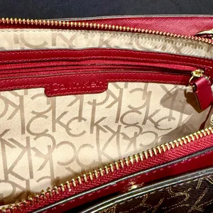 Calvin Klein Monogram Satchel in Brown and Red with gold accents thumbnail 4