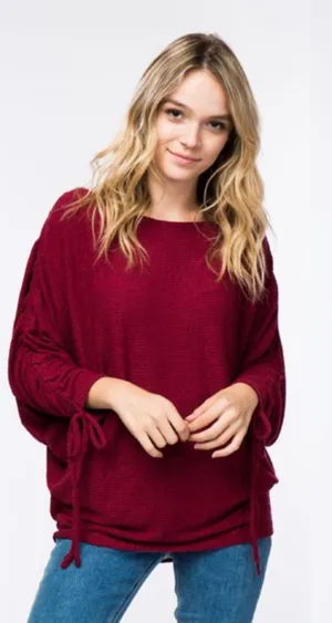 Burgundy Ruched Lace Up Sleeve Sweater thumbnail 1