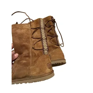 UGG Lace Up Boots Women Size 7 Chestnut Suede Embroidered Mid Calf Bohemian thumbnail 3