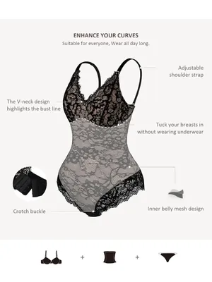 NWT feelingirl Black Lace Shaping Bodysuit size XXL thumbnail 2